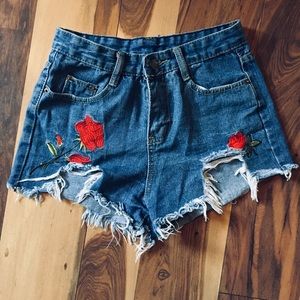 Boutique High waisted embroidered destroyed shorts